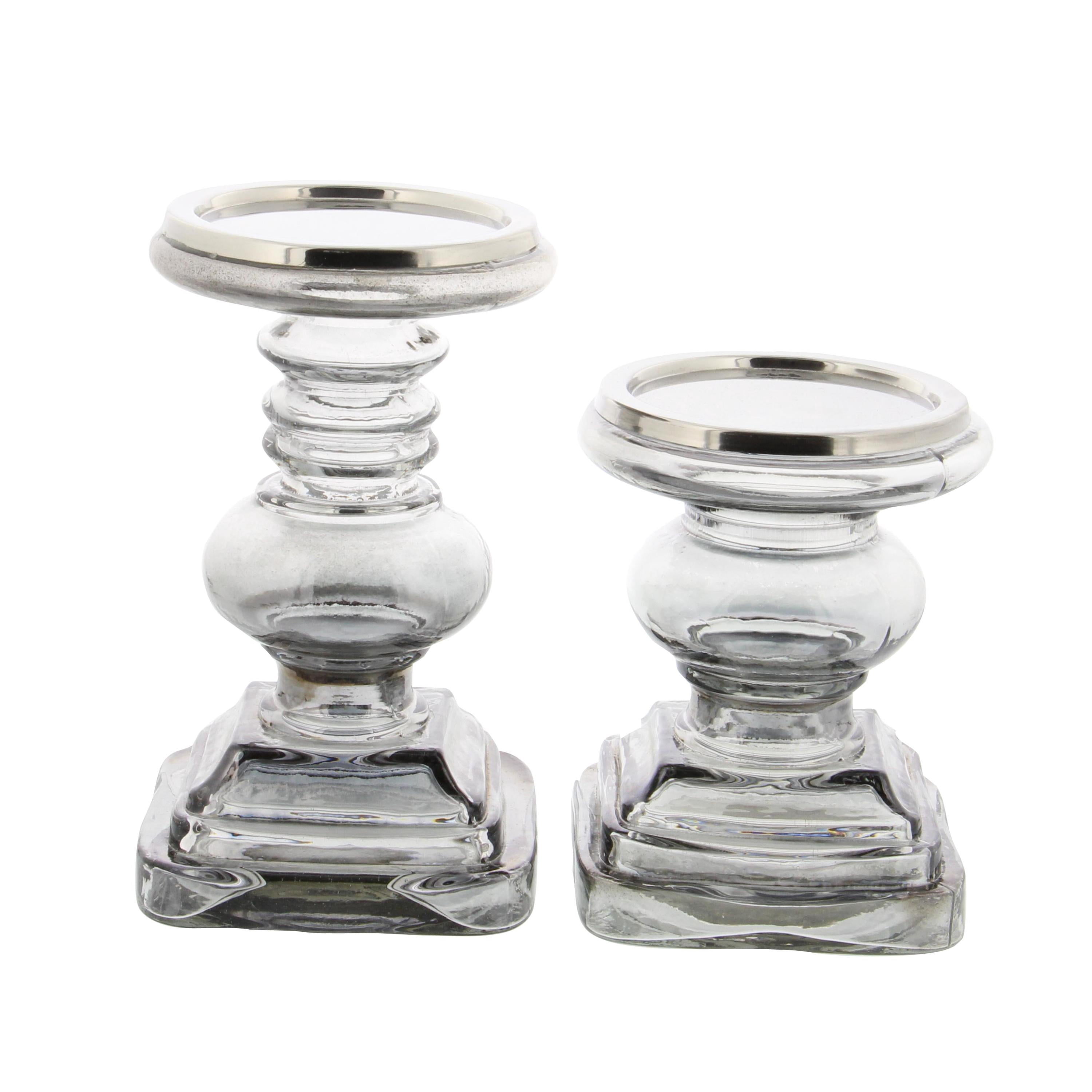 DecMode 2 Candle Silver Glass Handmade Turned Style Pillar Candle Holder, Set of 2