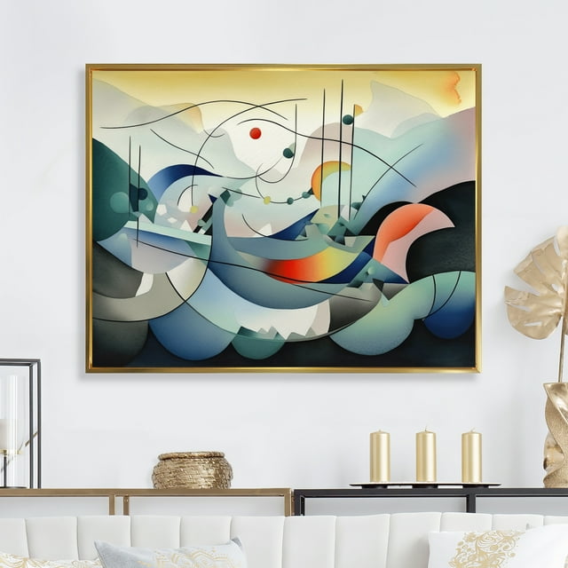 Designart Abstract Geometric framed wall art decor, Geometric framed wall art, Geometric Creations in Orange and Blue , Extra large Modern Gold framed wall art, 32x16 inches Gold Frame