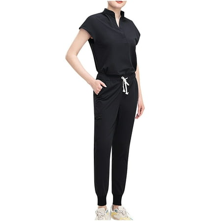 Hvyesh Scrubs for Women Set Jogger Pants Short Sleeve Nursing Tops Two Piece Stretchy Nurse Working Uniform with Pocket