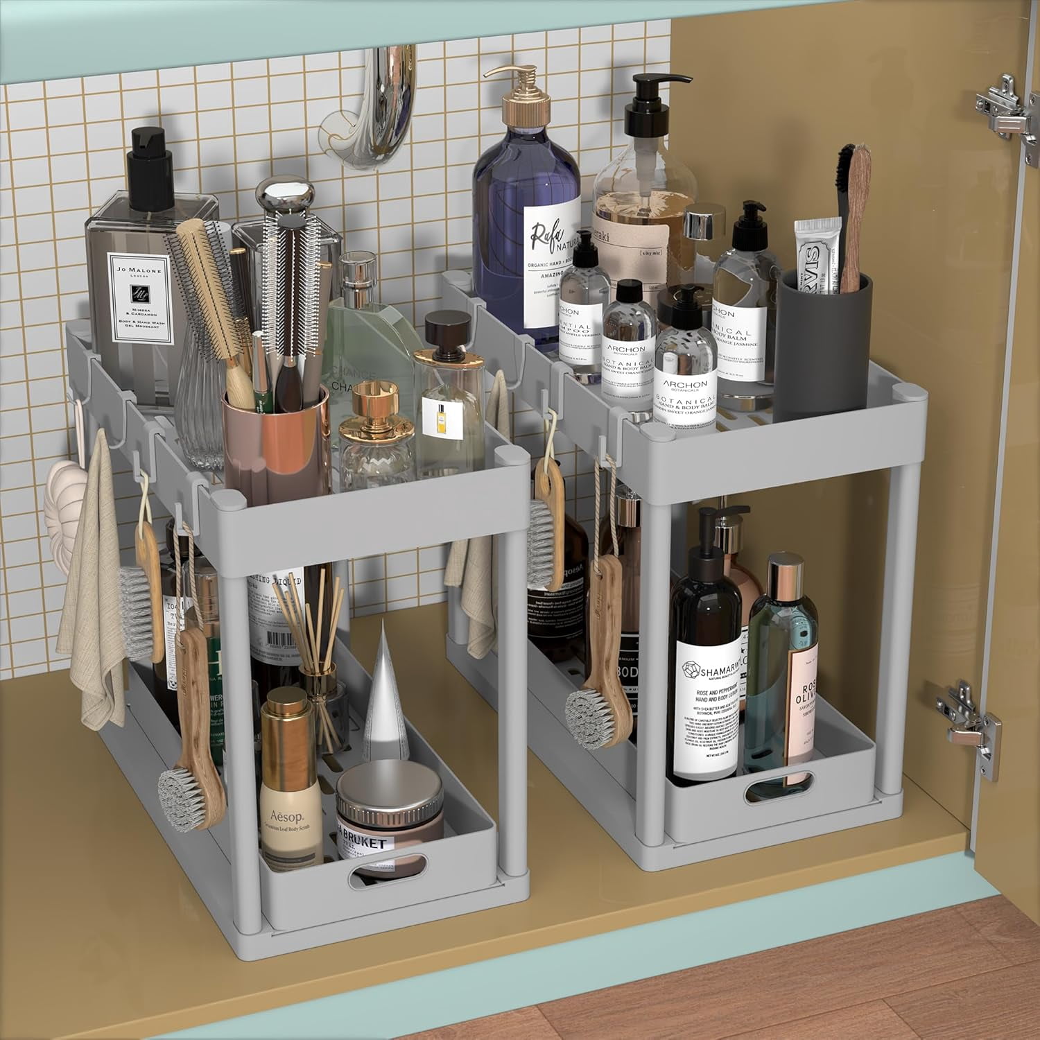 2PC Under Sink Organizer Rack 2 Tier Sliding Cabinet Basket with 4 Hooks - Multi-Purpose Storage for Kitchen Bathroom Desktop