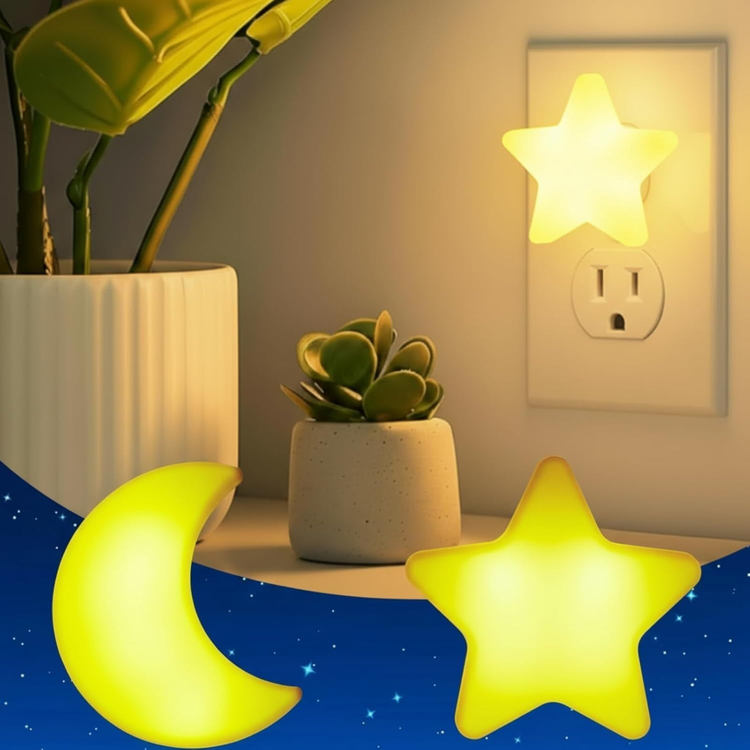 RGHJAR-2 Pack Night Light Plug into Wall Soft LED Night Light Cute Wall Nursery Lamp Warm Sensor Plug-in Intelligent Nightlight for Bedroom Hallway(Star, Moon,Yellow)