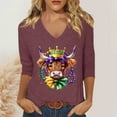 thumbnail image 2 of Arlun Mardi Gras V-Neck 3/4 Sleeve Tshirts for Women Highland Cow Mask Graphic Printed Plus Size Tees Casual Lightweight Soft Comfortable and Fashionable Carnival Party Tops 2- L, 2 of 4
