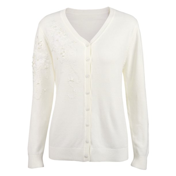 Unbrand V Neck Cardigan Pure Color Long Sleeved Chic Knitting And Applique Manual Beading No Buttons Vertical Striped Short Coat Knit Sweater Walmart Com Walmart Com