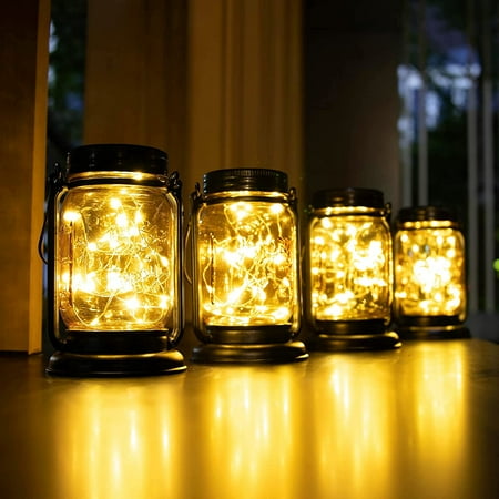 

Hanging Solar Lantern Lights - 4 Pack Vintage Glass Mason Jar Outdoor Decorative Waterproof Table Lamp Patio Yard