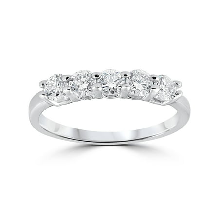 Round Cat - Five Stone Ring Engagement Band Genuine Round Cut Diamond SI1 0.50 Ct 14K Gold