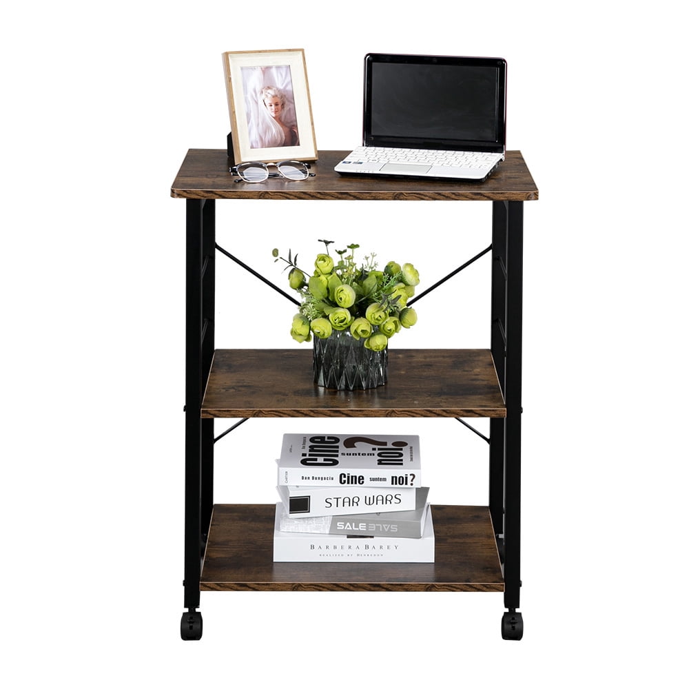 3-Tier Microwave Oven Rack with 10 Hooks and 4 Wheels, Retro-Style Movable Kitchen Storage Cart, Black and Walnut, 23.62 x 15.75 x 29.13 in