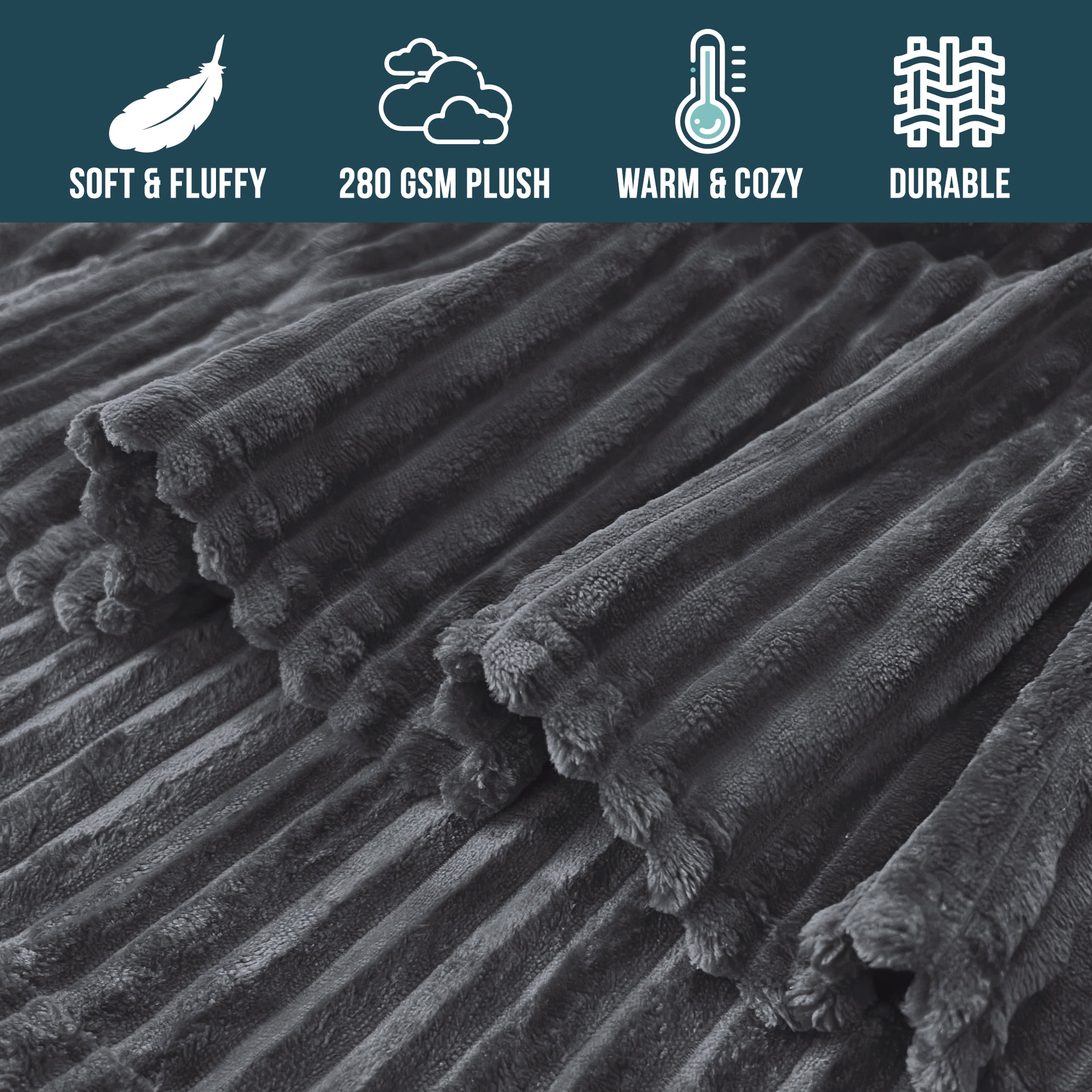 PAVILIA Super Soft Fleece Throw Blanket Twin Grey, Fuzzy Plush Flannel Throw, Warm Cozy Ribbed Microfiber Blanket for Sofa Couch Bed, Lightweight Striped Blanket, Grey, 60x80