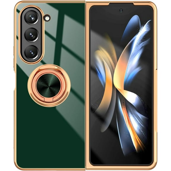 Compatible for Samsung Galaxy Z Fold 5 Case with Ring Holder Kickstand [with Magnetic] Soft TPU Shockproof Electroplated Protective Phone Case for Galaxy Z Fold 5 Green