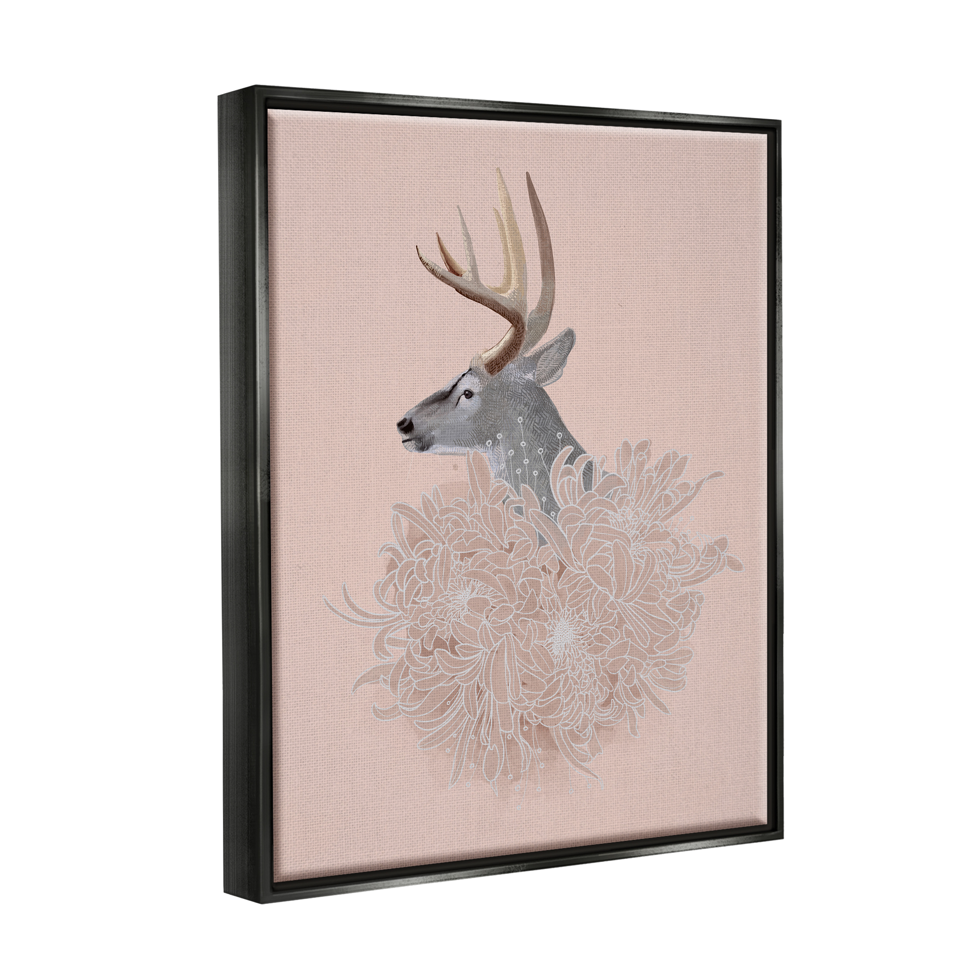 Stupell Industries Elk & Chrysanthemum Animals & Insects Painting Black Floater Framed Canvas Art Print Wall Art, 25 x 31