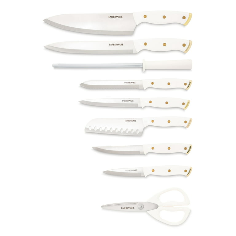 Gold Knife Set with Block Self Sharpening - 14 PC Luxurious Titanium Coated Gold and Off-White Kitchen Knife Set and White Knife Block with