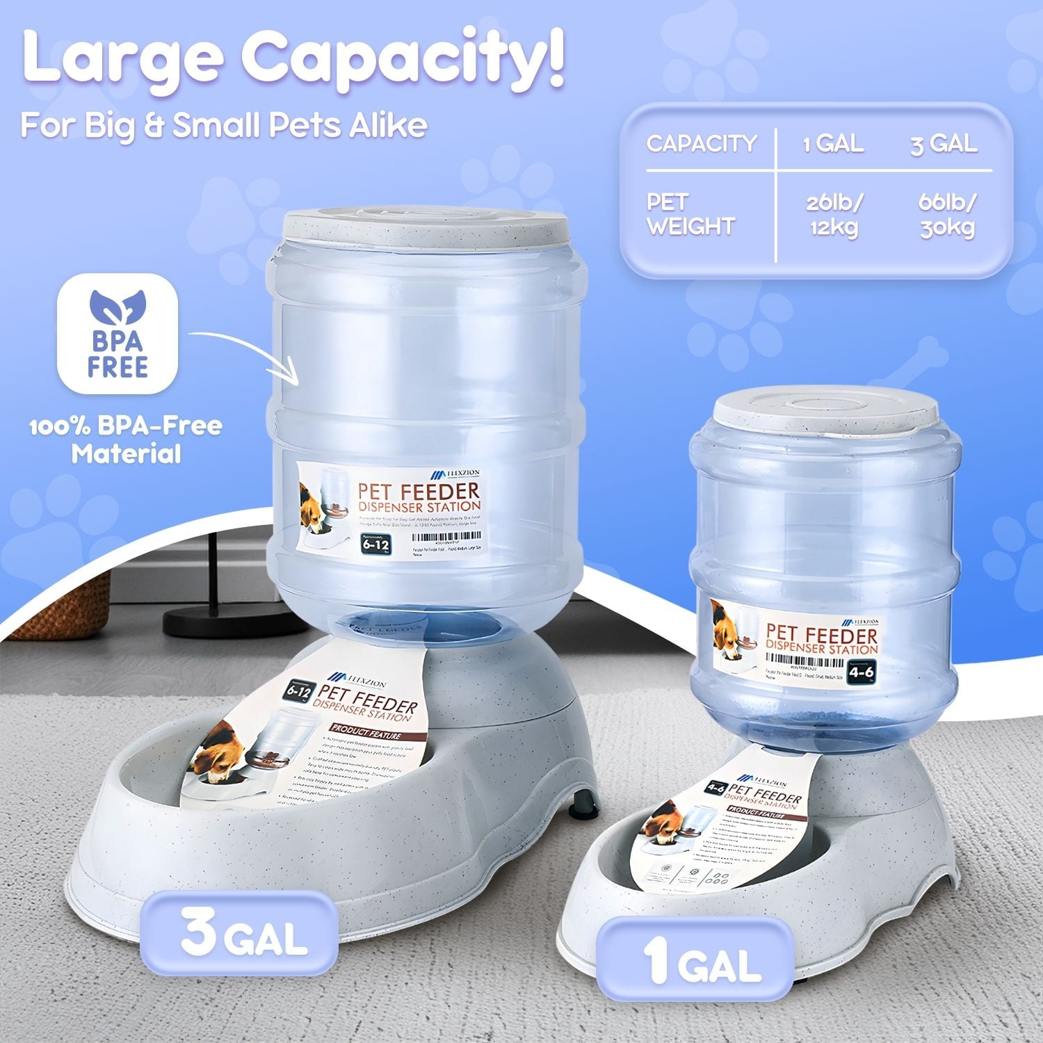 Gravity Dog Feeder, Automatic Replenish Large Dog Food Dispenser, Non-Skid, Easy-Clean, Large Capacity Dry Food Storage Bowl for Large Pet, 3 Gallon
