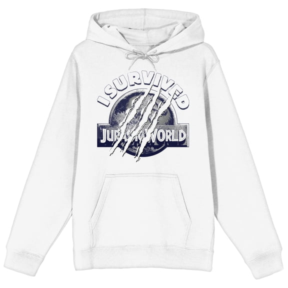 Jurassic World I Survived Scratch Logo Adult White Long Sleeve Hooded Sweatshirt-Medium