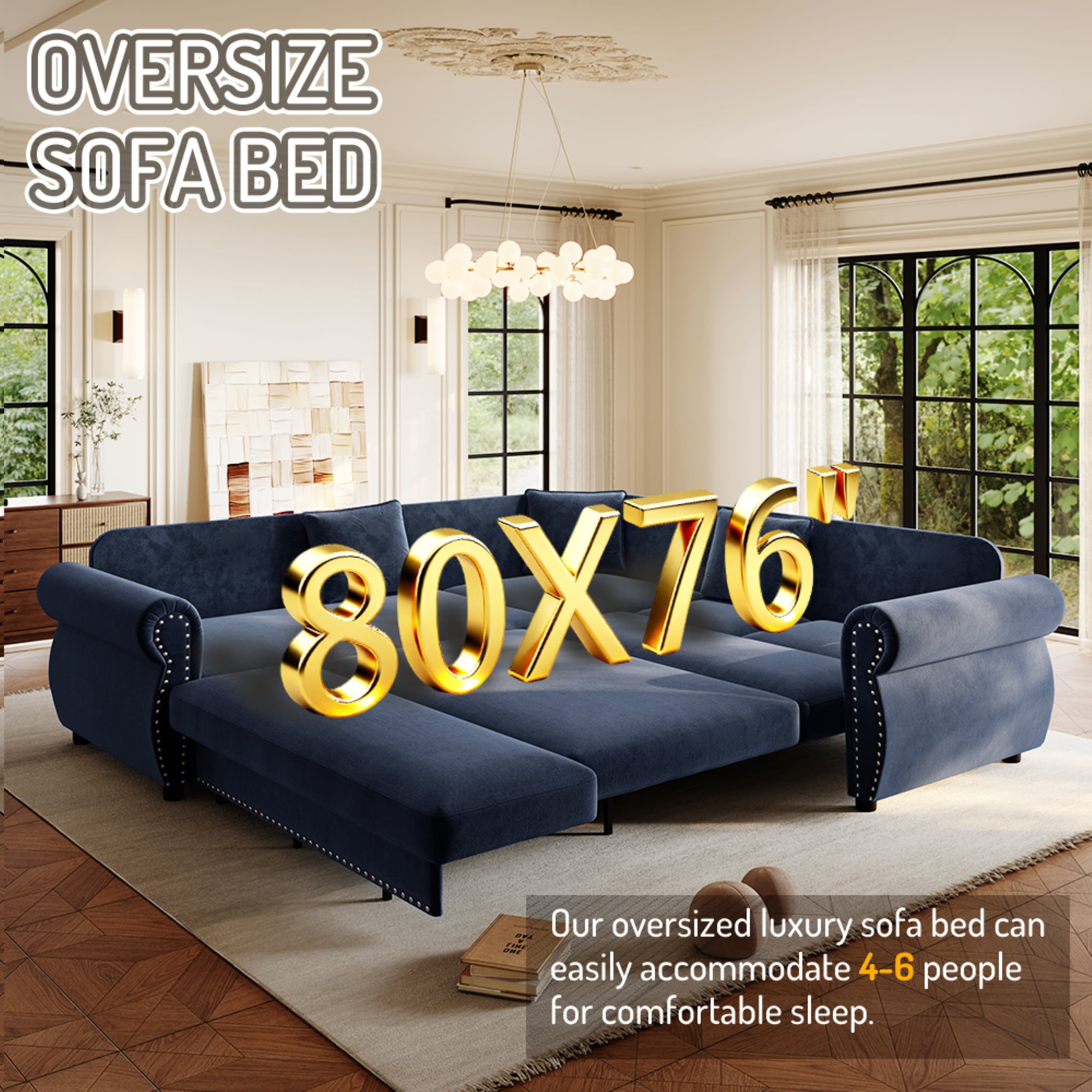 LLappuil Sectional Sofa, Pull Out Sofa Bed King Size, 5 Seat Chenille Sofa Couch Convertible Sleeper Sofa Bed for Living Room Blue