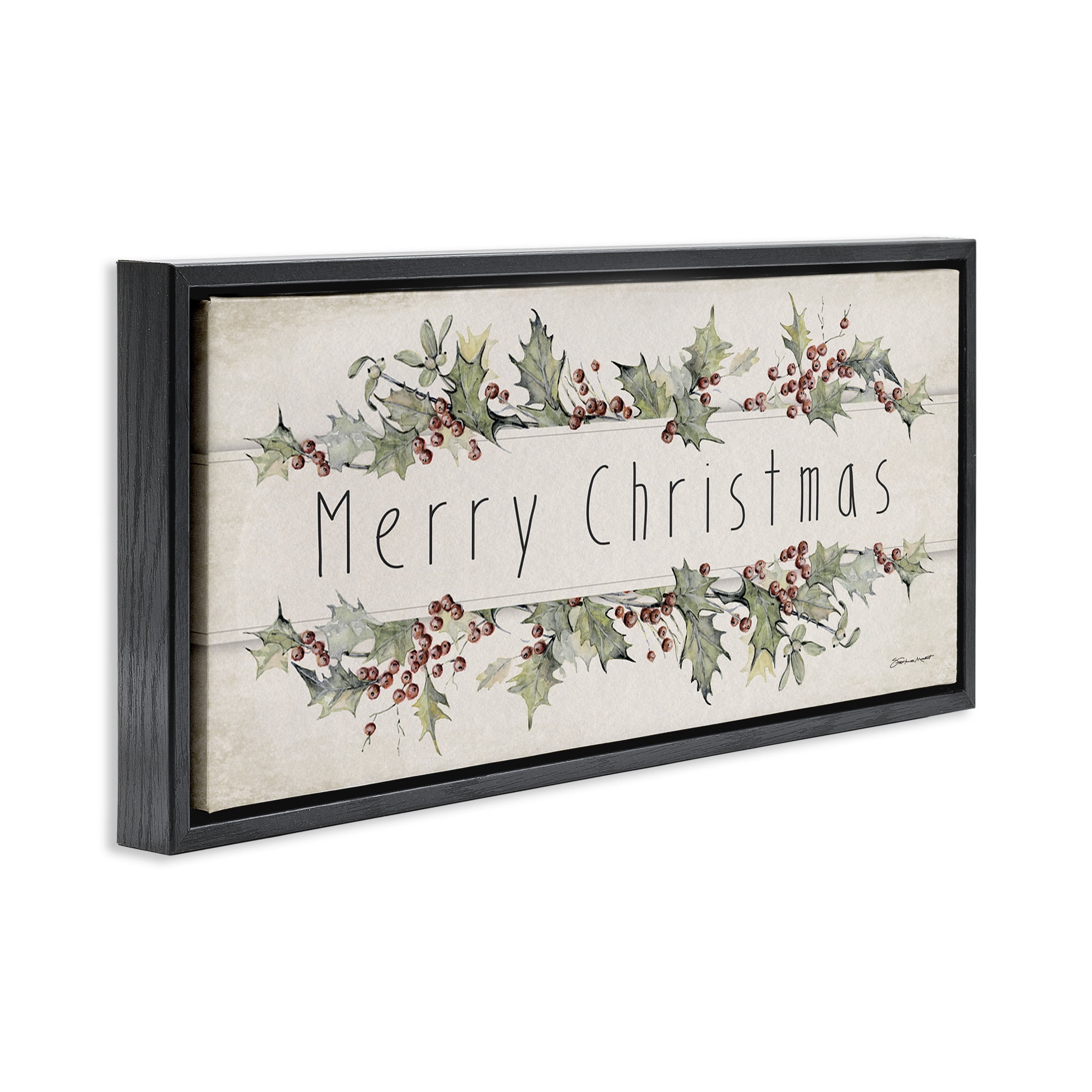 Stupell Industries Vintage Merry Christmas Sentiment Holiday Painting Black Floater Framed Canvas Art Print Wall Art, 25 x 11