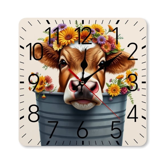 RKSupls 10×10inch Square Silent Wall Clock Wooden Frame, Cow Flower Bucket Scale Decorative Clock for Home Bedroom Living Room Office