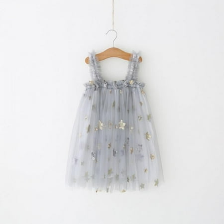 

Fantadool Fashion Children Girls Party Dress Clothes Sleeveless Star Print Embroidered Sequins Mesh Princess Suspender Dress