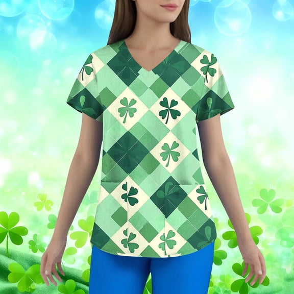 LEKWK Scrub Tops Women Green Gold V Neck Short Sleeve Tshirts Graphic Glitter Shamrock Print Holiday Nursing Uniform Work Tee