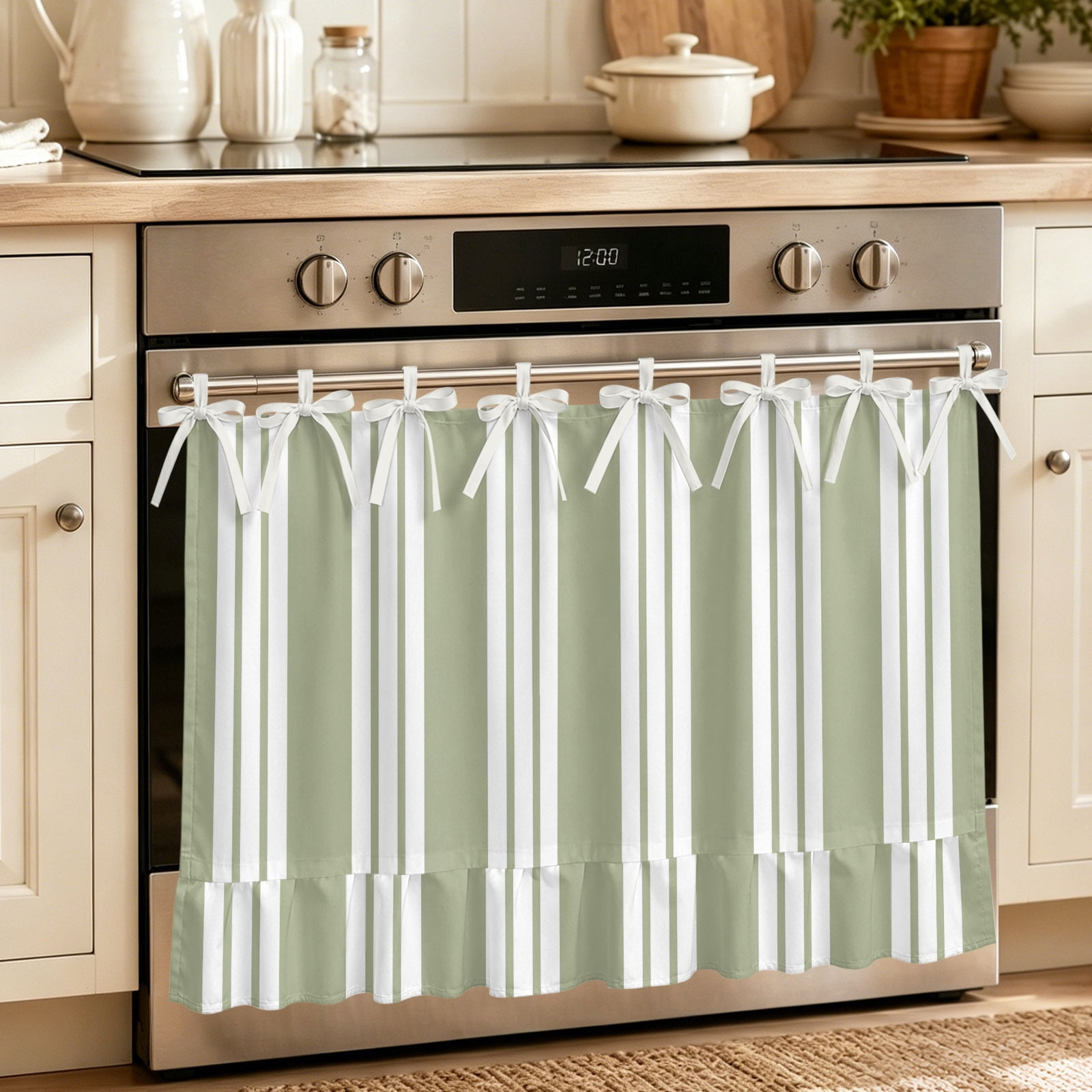 Striped Sage Green Oven Curtain with Tie Top Oven Skirt Curtain for Kitchen Farmhouse Line Stripes Classic Under OvenCover Panel for Dust & Grease Protection Apartment RV Cabinet Curtains 30 x21.5