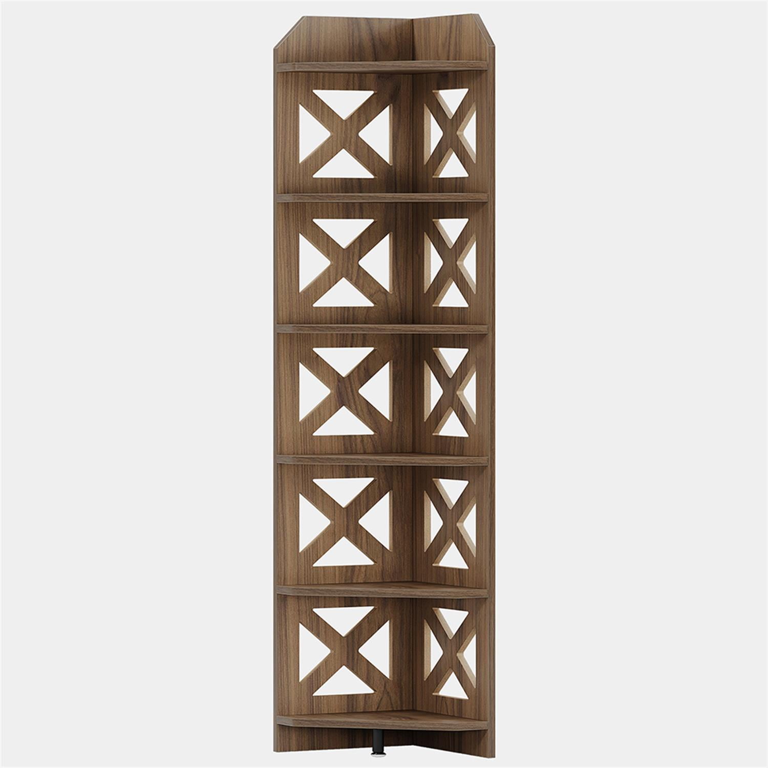 Demi Bonn 6 Tier Corner Bookcase, Wood Bookshelf Storage Organizer, 71" Tall Display Standing Shelf Unit for Bedroom, Living Room, Brown