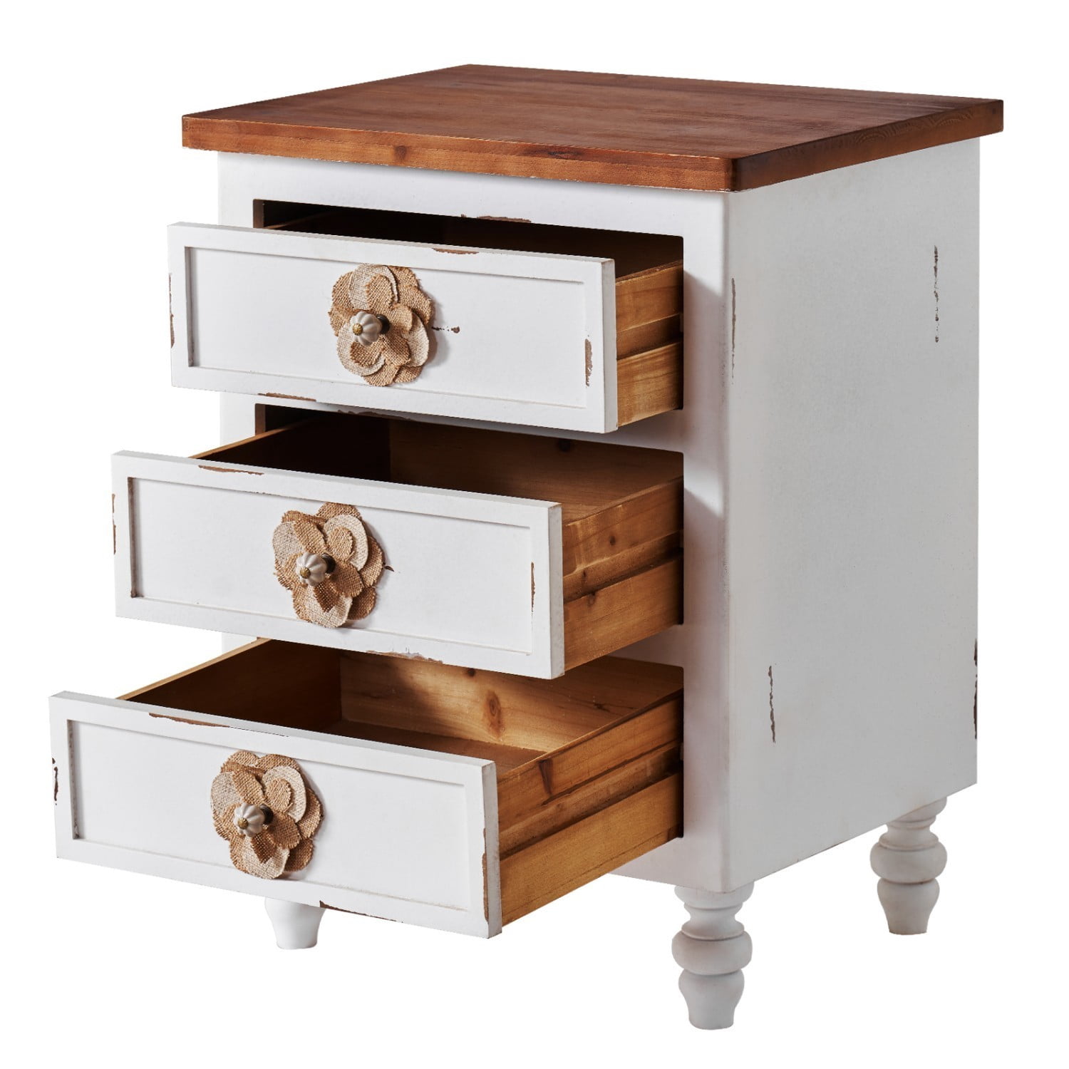 Vintage Farmhouse Nightstand, 3 Drawer Rustic End Table with Floral Knobs and Gourd Legs, Distressed Antique White Bedside Storage Cabinet for Bedroom Living Room
