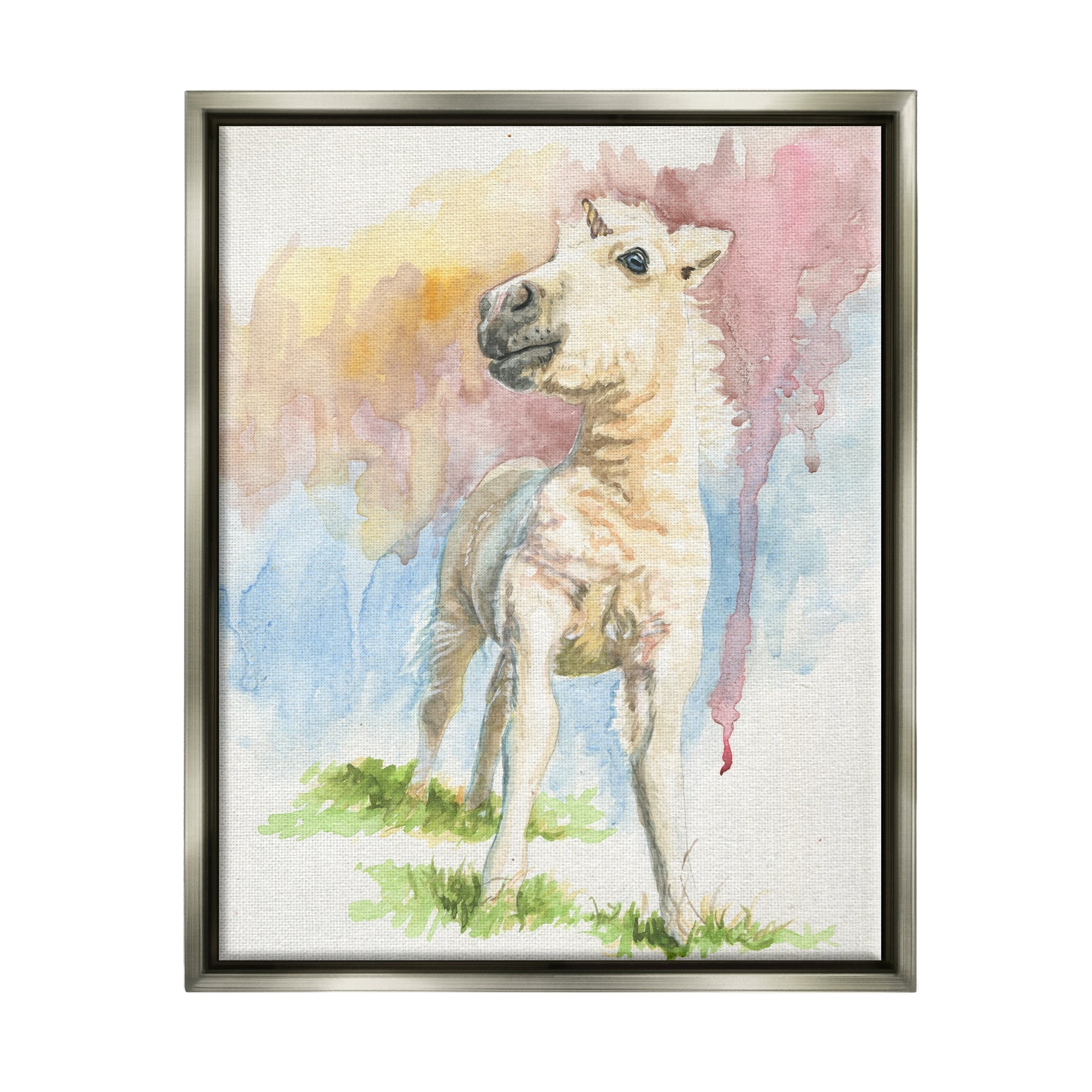 Stupell Industries Stoic Fantasy Unicorn Pastel Dripping Watercolor Detail Graphic Art Luster Gray Floating Framed Canvas Print Wall Art, Design by Jennifer Redstreake