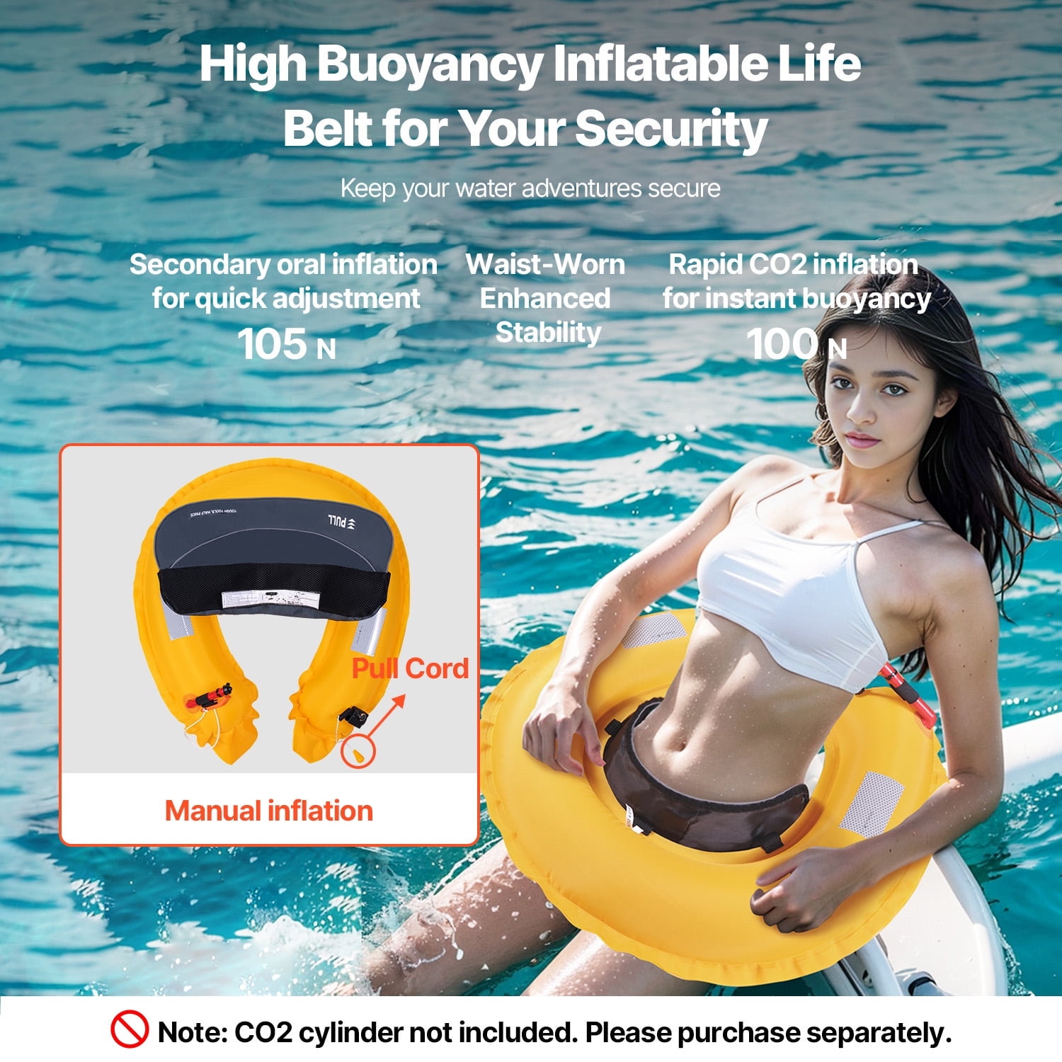KFFKFF Adult's Manual Inflation Belt Pack, 105N Buoyancy, Suitable for Over 80 Pounds and Waist Sizes Up to 59 inches, Adjustable, Inflatable PFD Waist for SUP Paddleboarding and Kayaking