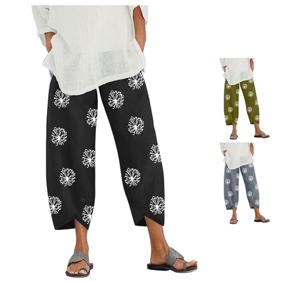 XIAONU Floral Print Capri Pants Womens Elastic Waist Side Pockets Capris