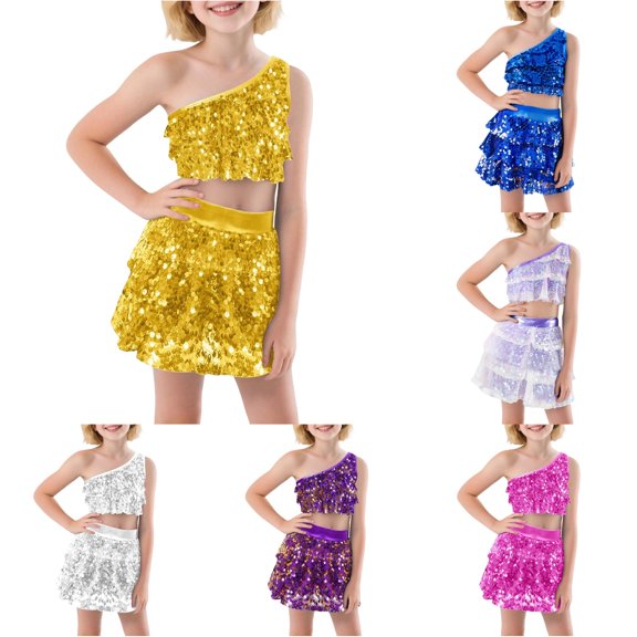 AWZXDE Girls Sequin Dance Outfit Two Piece Stretchy Comfort Fit Performance Skirt And Top For Parties Events Stage Shows Activewear Gold,11-12 Years