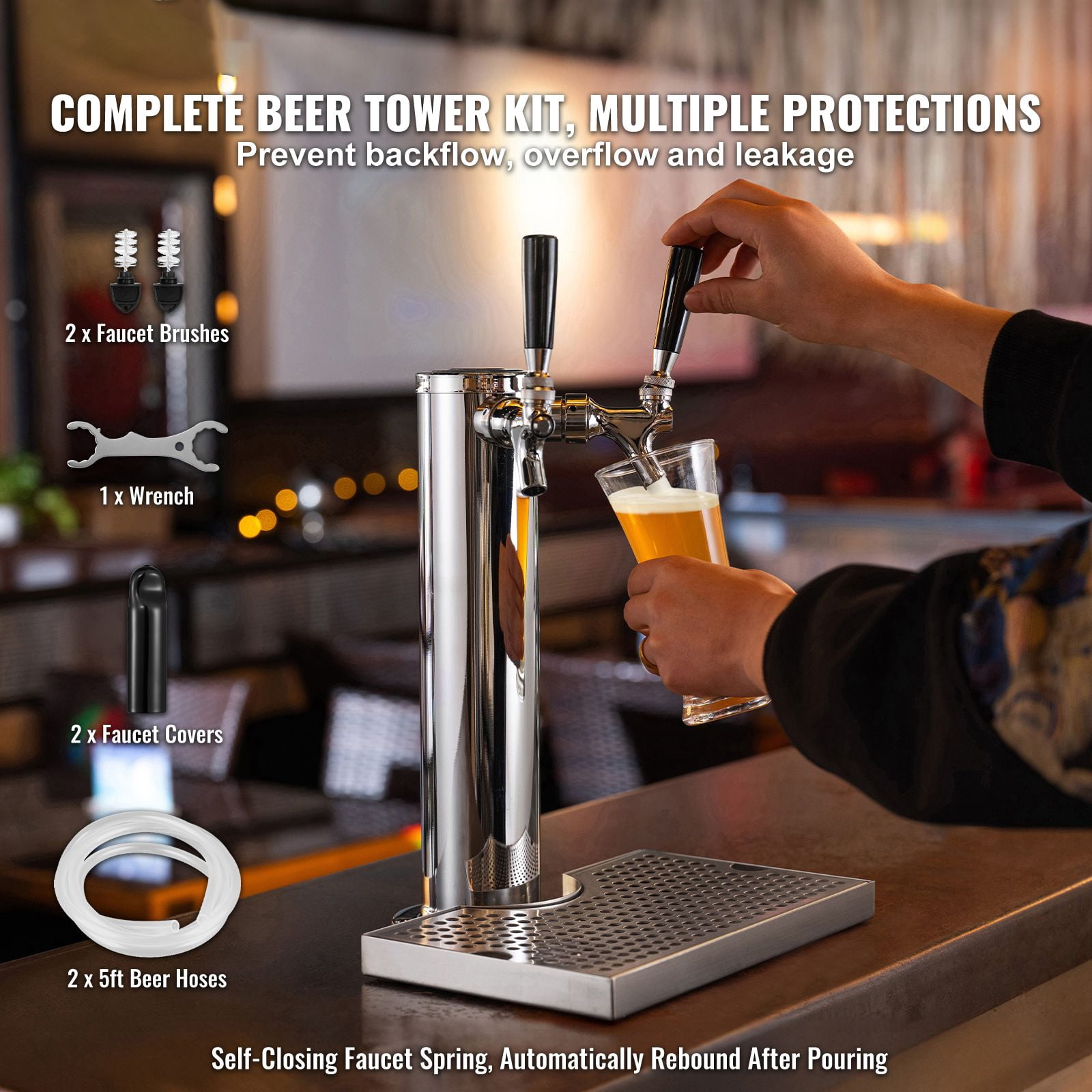 Dual Tap Kegerator Tower Kit with Self-Closing Springs 8mm Insulation for Beer Dispensing