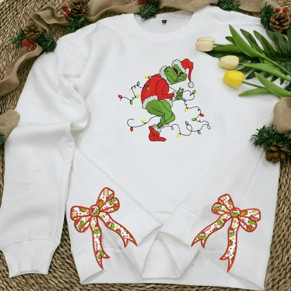Side Bow Sweatshirt, The One Stole Christmas Embroidered Side Bow, Christmas Hater Side Bow, Green Grump Side Bow Cut-Out, Unisex Sweatshirt LINHKHA