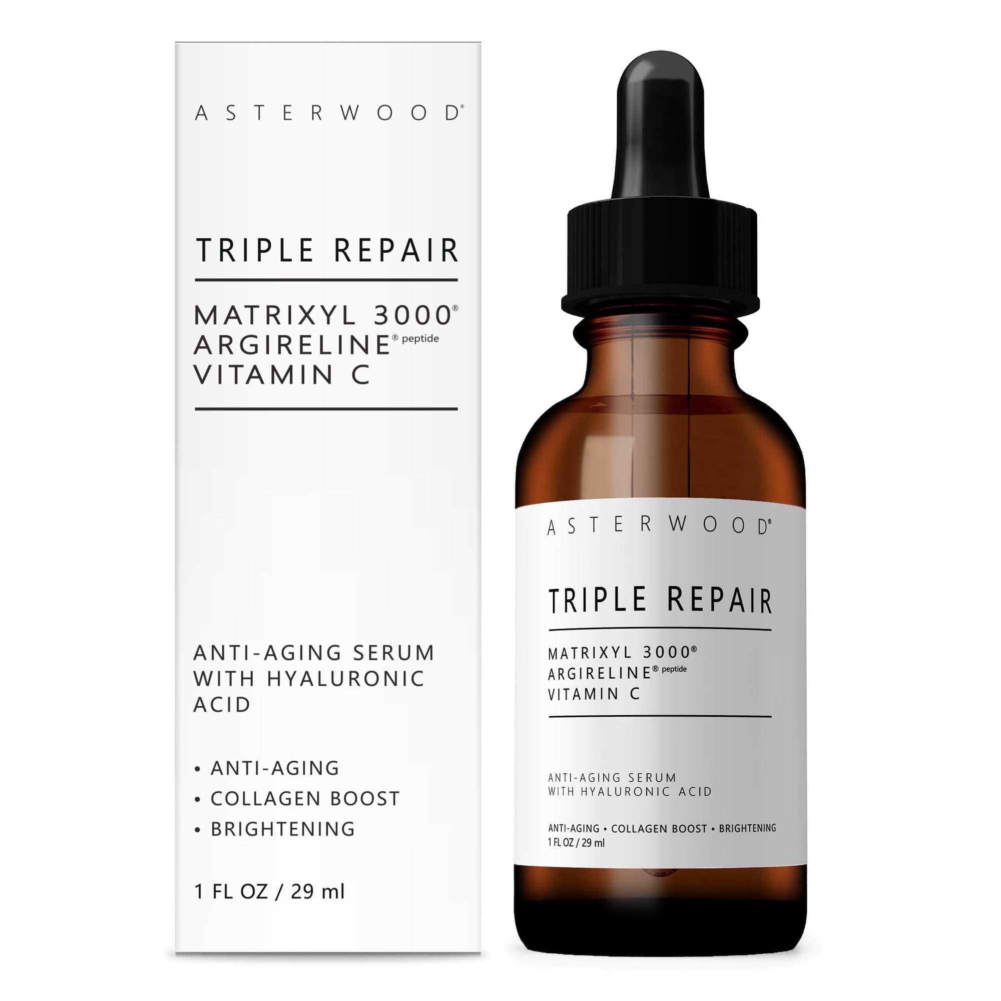 Asterwood Triple Repair Matrixyl 3000 + Argireline + Hyaluronic Acid + Organic Vitamin C Serum for Face; Anti-Aging Face Serum, Anti-Wrinkle Serum, Facial Skin Serum Skin Care, 29ml/1 Oz