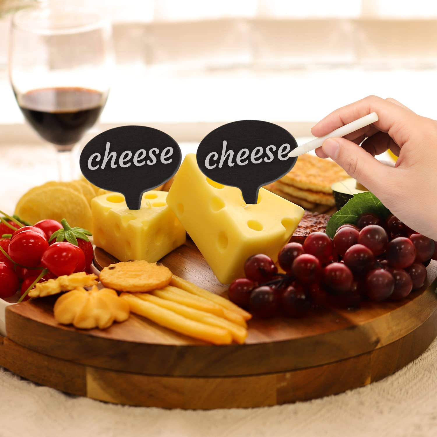 Cheese Marker Set,XILAZAB 12Pcs Oval Natural Slate Black Cheese Labels&4Pcs Soapstone Chalk,Reusable Party Food Labels Food Tags,Food Markers for Cheese Name Tag,Cheese Markers for Charcuterie Board