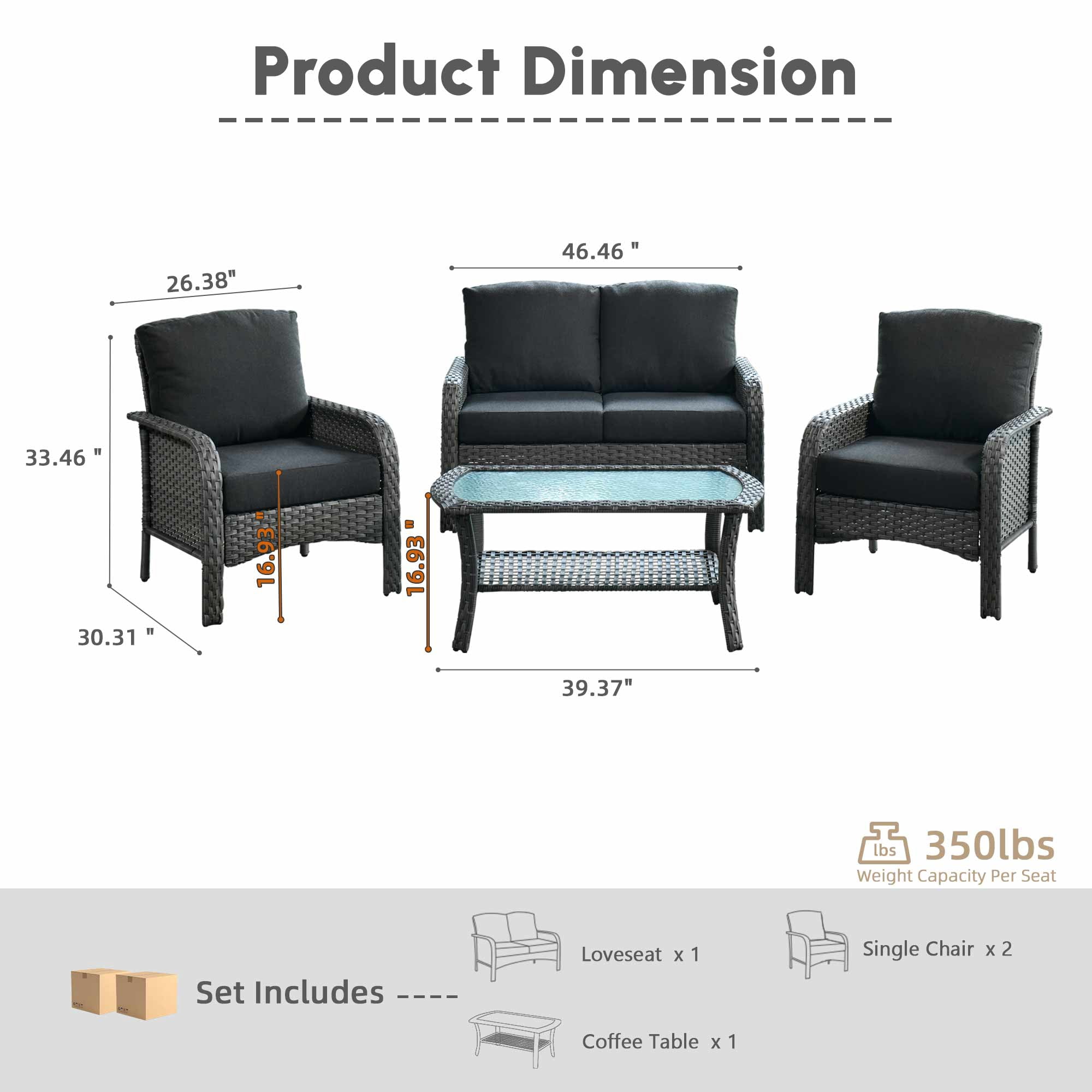 Ovios 4 Pieces Patio Furniture Outdoor Sectional Set Modern High Back All Weather Wicker Conversation Set with Coffee Table for Garden, Backyard, Black