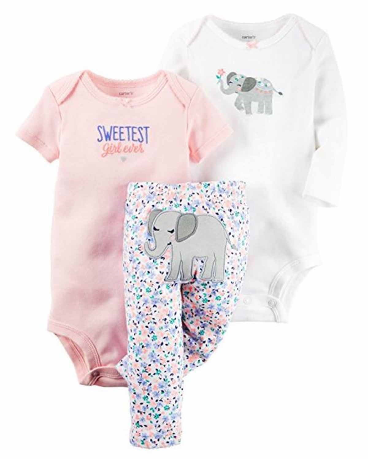 Carters Baby Girl's 3 Piece Set2 Bodysuits, 1 Pant (Elephant/Sweetest