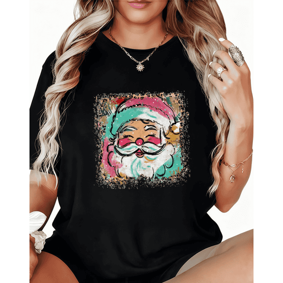 Women's Funny Retro Colorful Santa Graphic Oversized Cotton T-Shirt Black S-5XL
