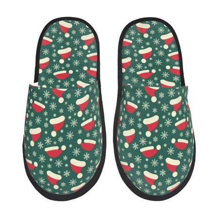 Balery Santa Hat Joy Green Festive Slient Indoor Furry Fleece Comfort House Shoes Soft Non-Slip Home Shoes Cotton slippers House Slippers-- Medium