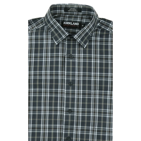 Stripe Non Iron Shirt - Kirkland Signature Mens Tailored Fit Long Sleeve Non Iron Sport Shirt (Grey/Tan Plaid, Medium)