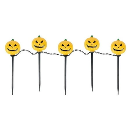 Set of 5 Lighted Scary Jack-o-Lantern Halloween Pathway Markers - Clear Lights