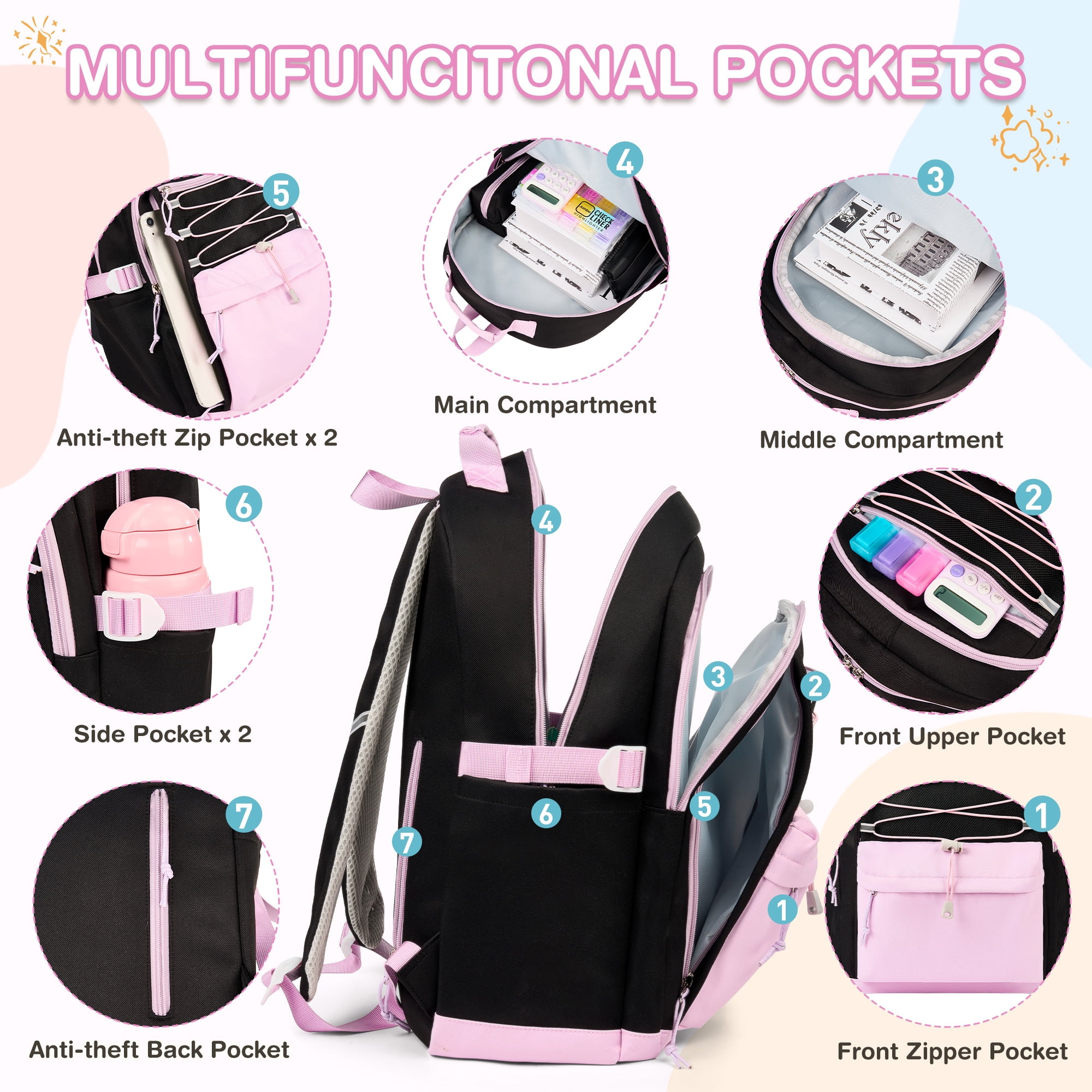 DAKIMOE 3 PCS School Backpacks for College Teens Cute Girlish Middle High School Bookbag Large Capacity Lightweight Waterproof Daypack for Students