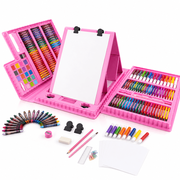 Drawing Painting Sets for Girls,Kids Art Set Case Included Double Sided Trifold Easel,Art Supplies Sets with Oil Pastels,Crayons,Colored Pencils,Watercolor Pens,Gifts for Girls (Pink,208Pcs)