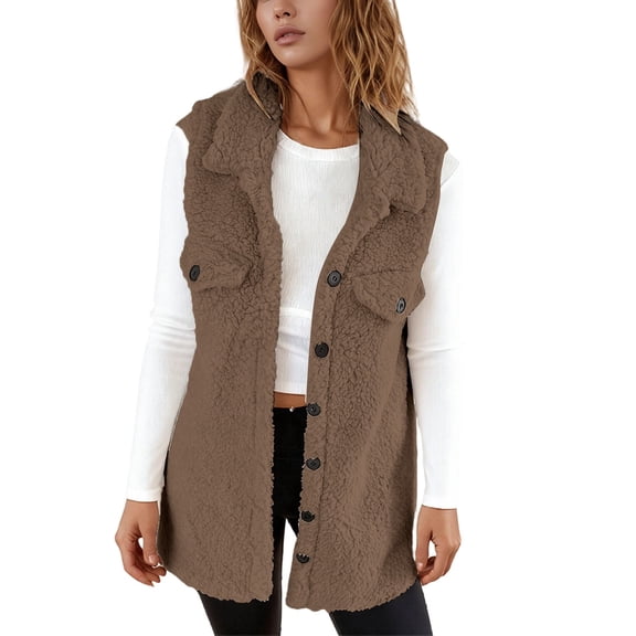 DHFJKG Womens Fuzzy Longline Vest Coat Mediun Length Sleeveless Turndown Collar Button Down Loose Fit Jacket Casual Commute Fall Winter Cozy Outerwear