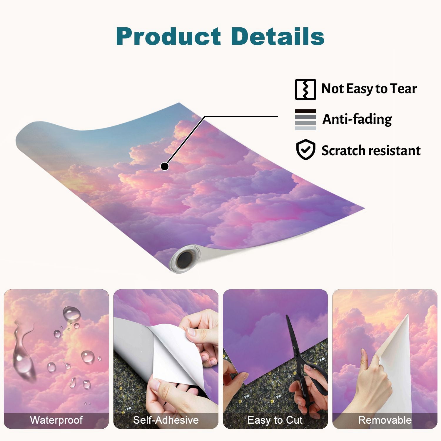 100"x144" Wall Mural Peel and Stick Wallpaper Dreamy Pink Blue Cotton Candy Clouds Sunset Sky Wall Decor Self Adhesive Removable Wall Stickers for Bedroom Living Room
