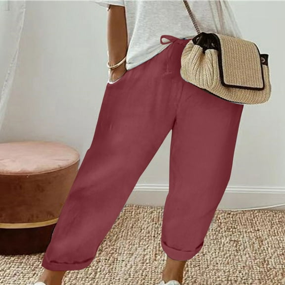 Dazajoo Cotton Linen Capris for Women Summer Drawstring Elastic Waist Pants with Pockets 2024 Womens Loose Fit Solid Color Capri Pants,Wine,XL