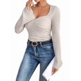 thumbnail image 3 of Women'S Square Neck Flared Long Sleeve T-Shirt, Spring, Autumn and Winter Slim Fit Top Apricot Color XL, 3 of 9