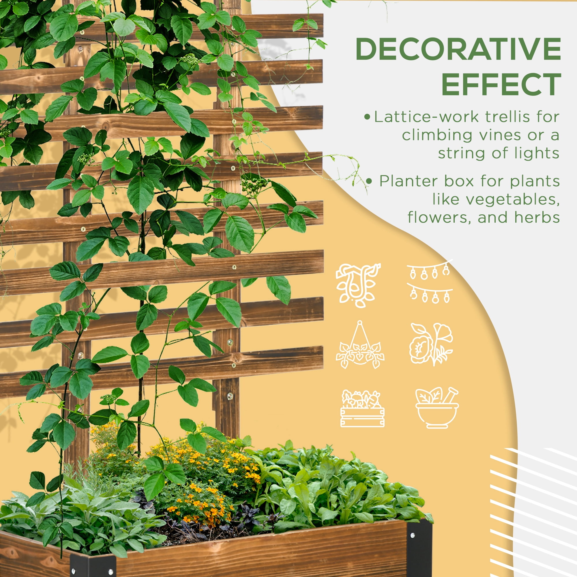 Raised Garden Bed with Trellis, 58" Outdoor Wooden Planter Box with Wheels, for Vine Plants Flowers Climbing and Planting, Brown