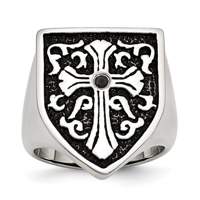 Stainless Steel Cross with Black Diamond Antiqued Shield Ring 11 Size