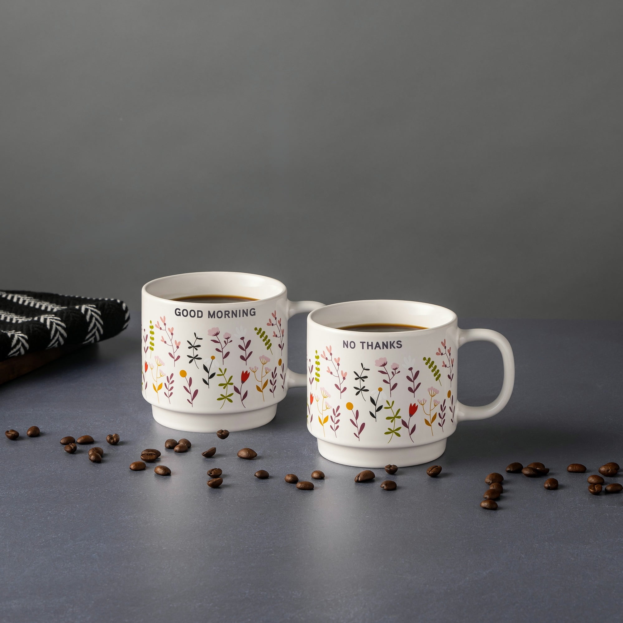 Thyme & Table 2 Pack Stacking Good Morning & No Thanks with Flowers Cream Mugs 14.2 fl oz, Stoneware