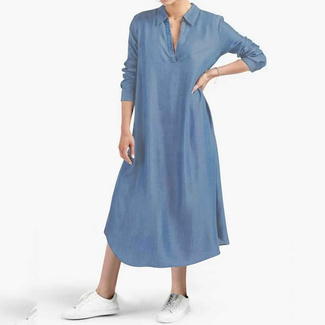 JMKQLZ Robe d'Été Décontractée à Manches Longues et Col en V pour Femmes