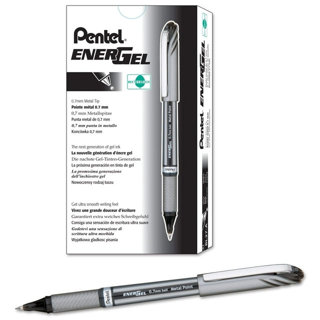 Pentel EnerGel NV Bolígrafos de gel líquido Punta media 0,7 mm 54% tinta negra reciclada Paquete de 12 bolígrafos