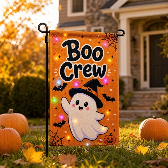 Light Up Boo Crew Ghost Garden Flag, Waterproof Halloween Decorative Yard Flag for Outdoor Lawn Porch Decoration